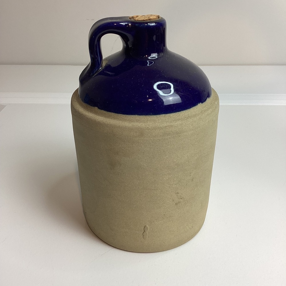 The Great American Stoneware Factory Western Cobalt Tan Stoneware Whiskey Jug 7"